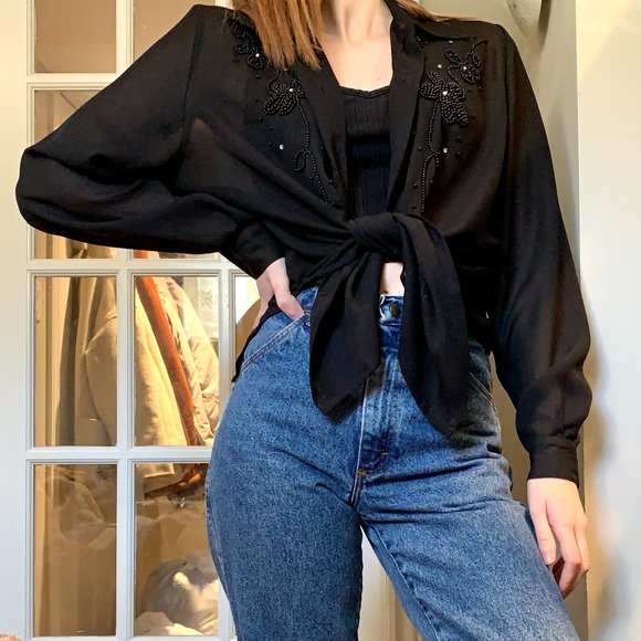 Vintage 1990s Beaded Black Sheer Blouse - Picture 2 of 4